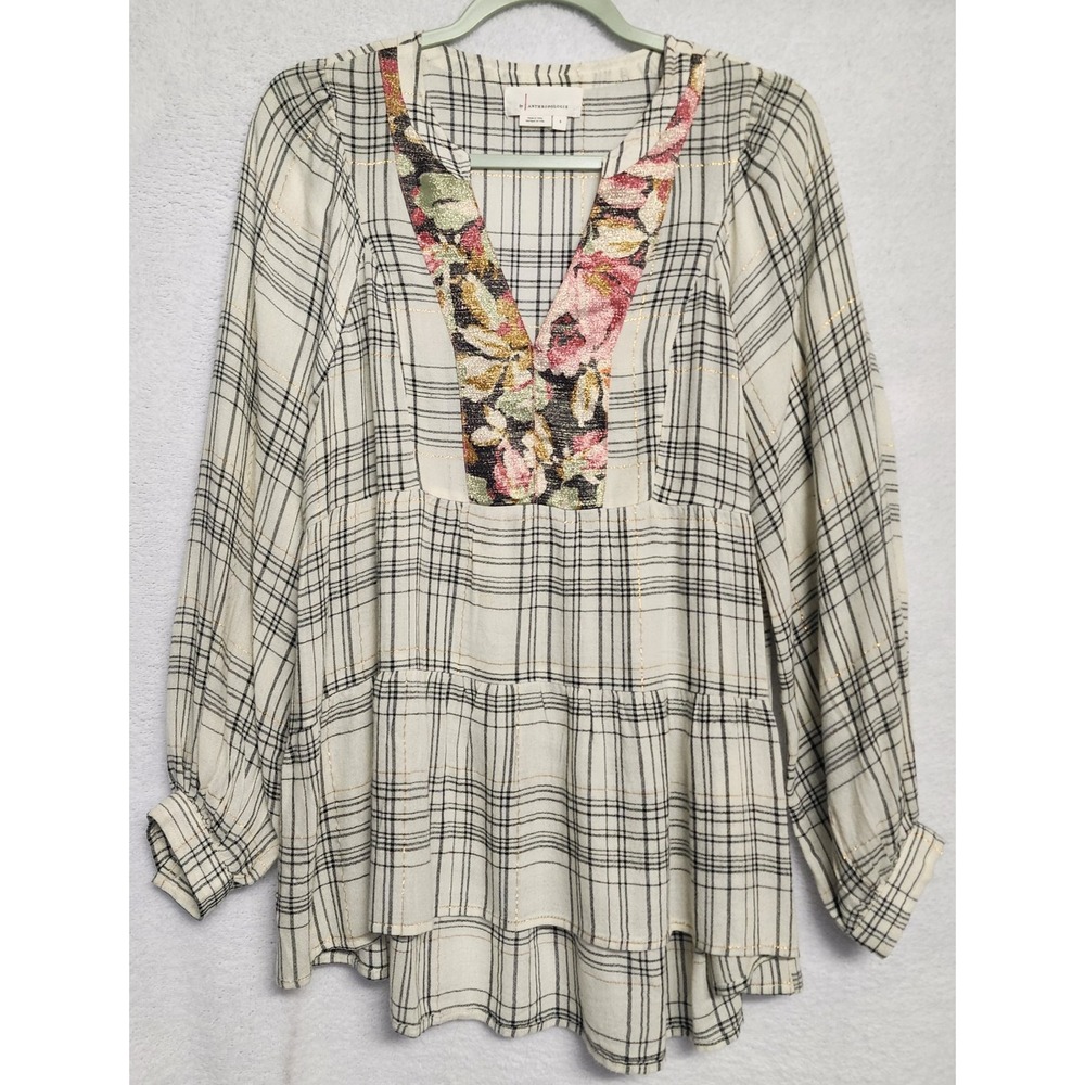 x Anthropologie Plaid Tunic Top Womens S Floral VNeck Wool Blend Metallic Thread